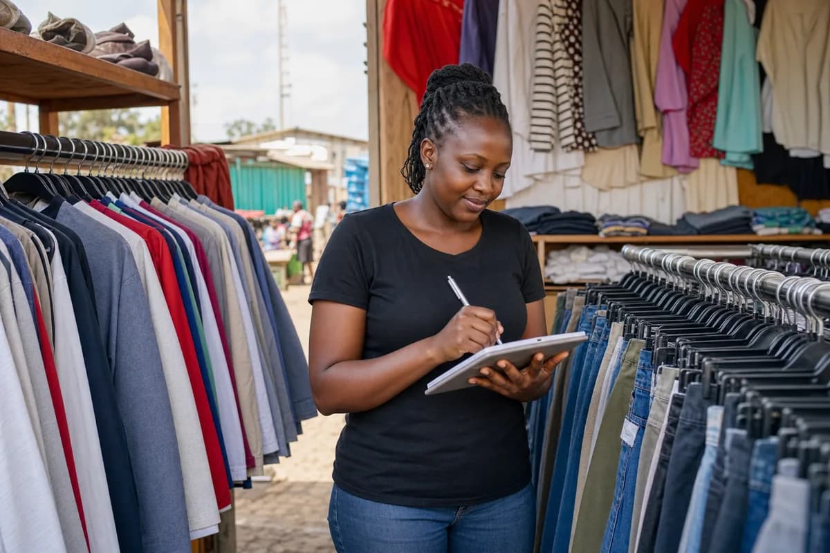 Kenyan mitumba shop owner recording organized clothing inventory