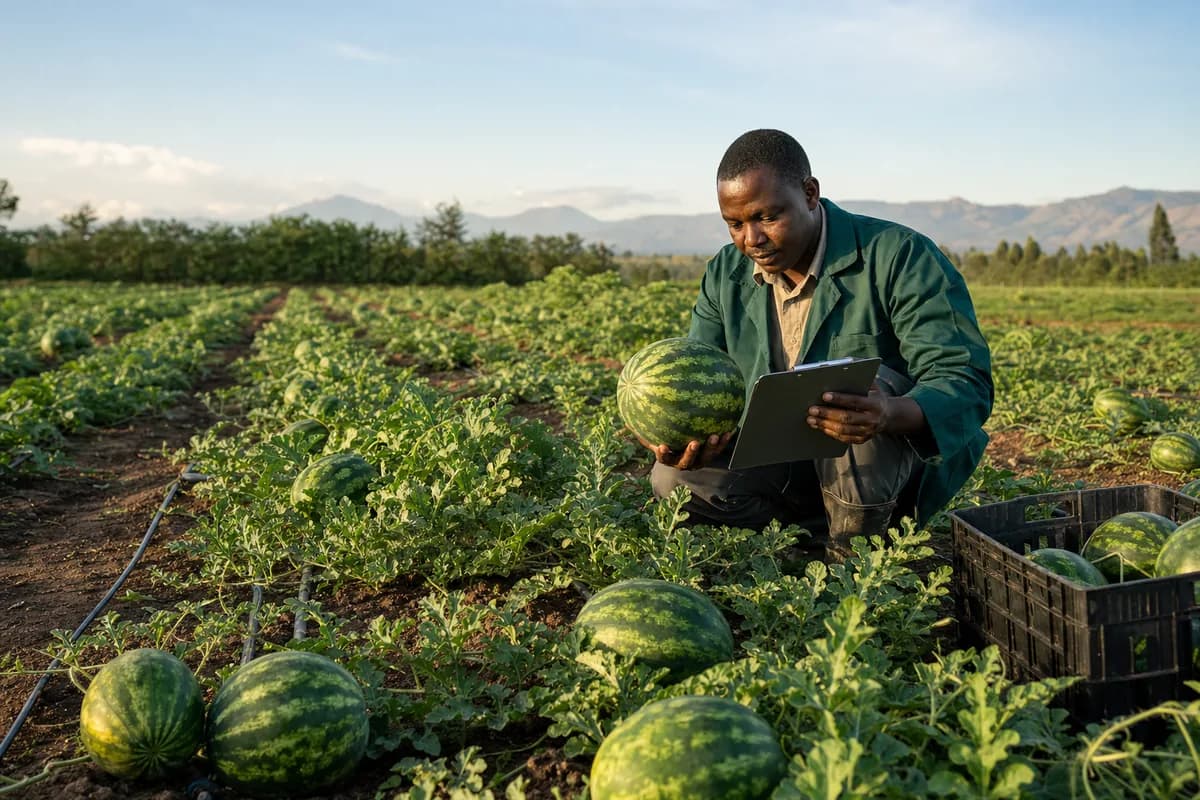 Kenyan watermelon farmer inspecting a harvest beside drip-irrigated rows