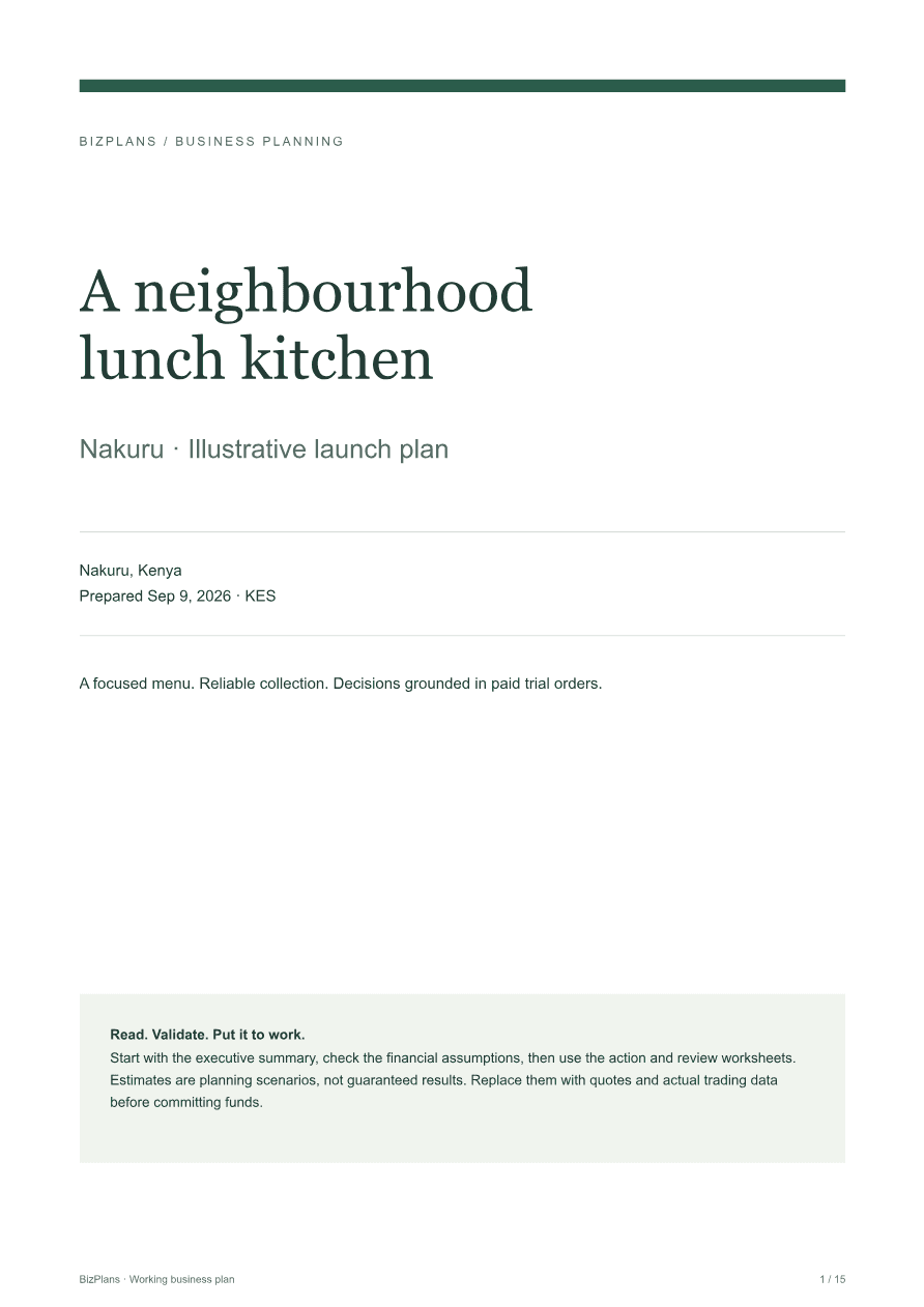 Actual cover page from the free Nakuru lunch kitchen sample plan