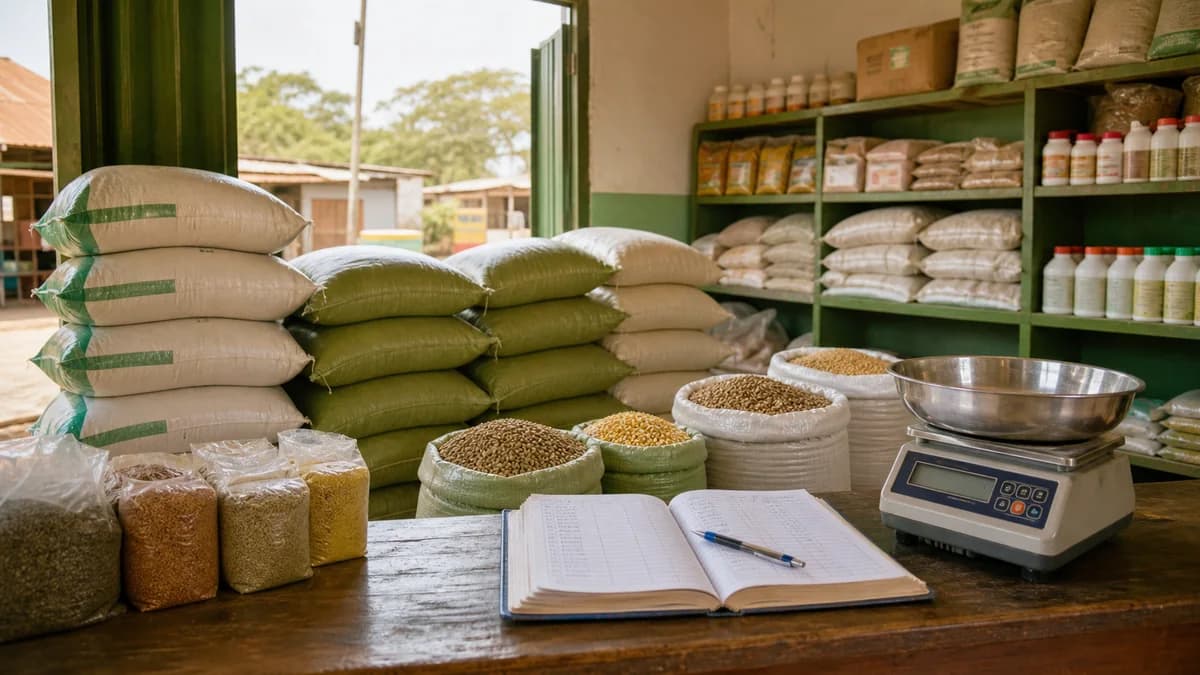 Animal feeds shop setup with feed bags and planning notebook