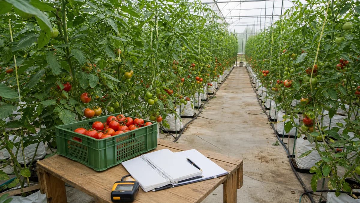 Greenhouse tomato rows with harvest crates and planning notebook