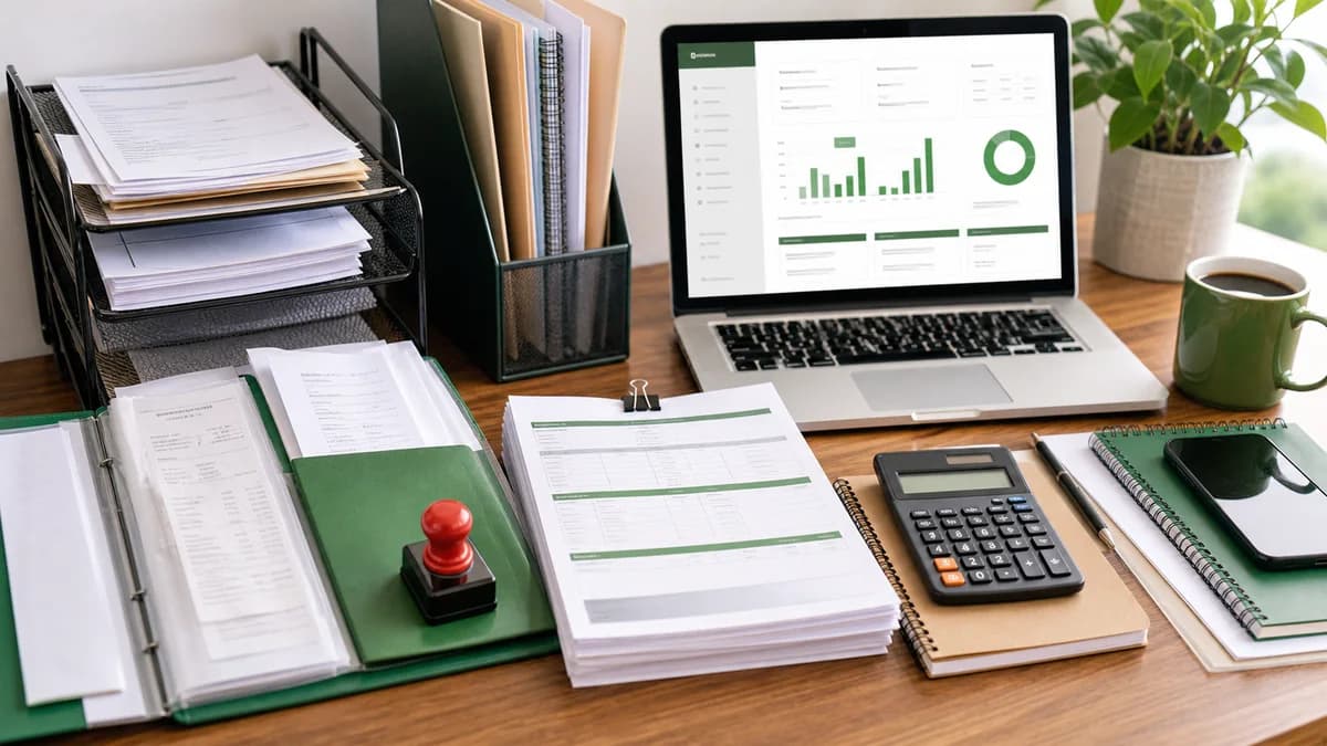 Organized SME tax records with receipts, calculator, and laptop
