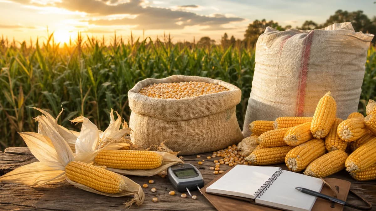 Maize harvest planning setup with sacks and field in the background