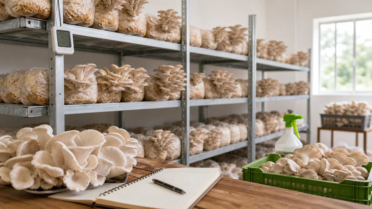 Small mushroom growing room with shelves and harvest crates