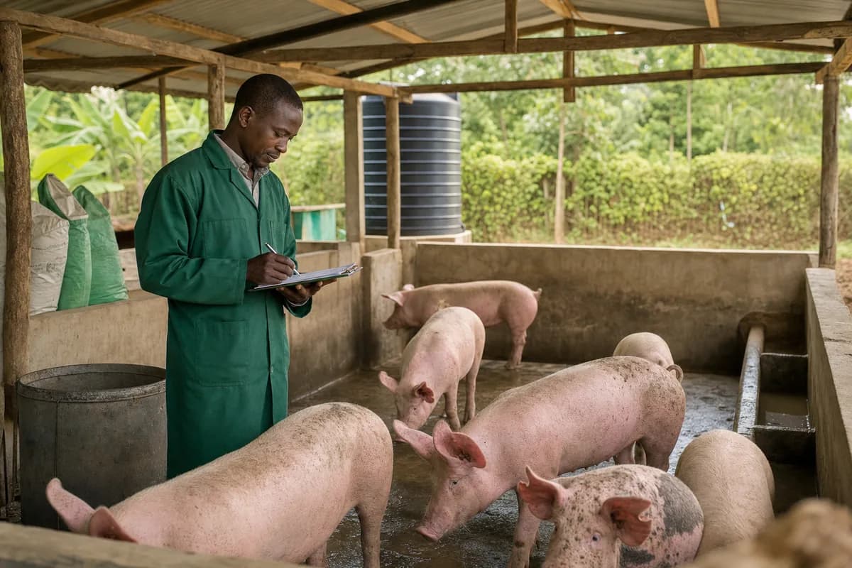 Kenyan pig farmer recording production information in a clean piggery
