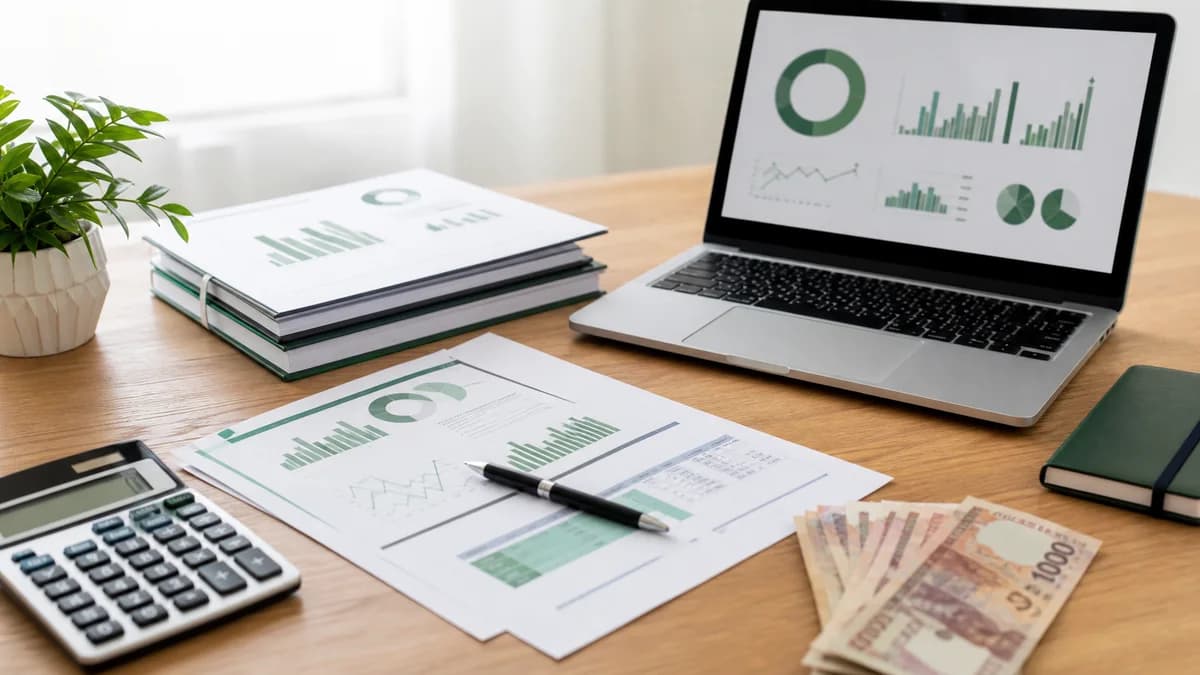 Business planning desk with financial projections and calculator