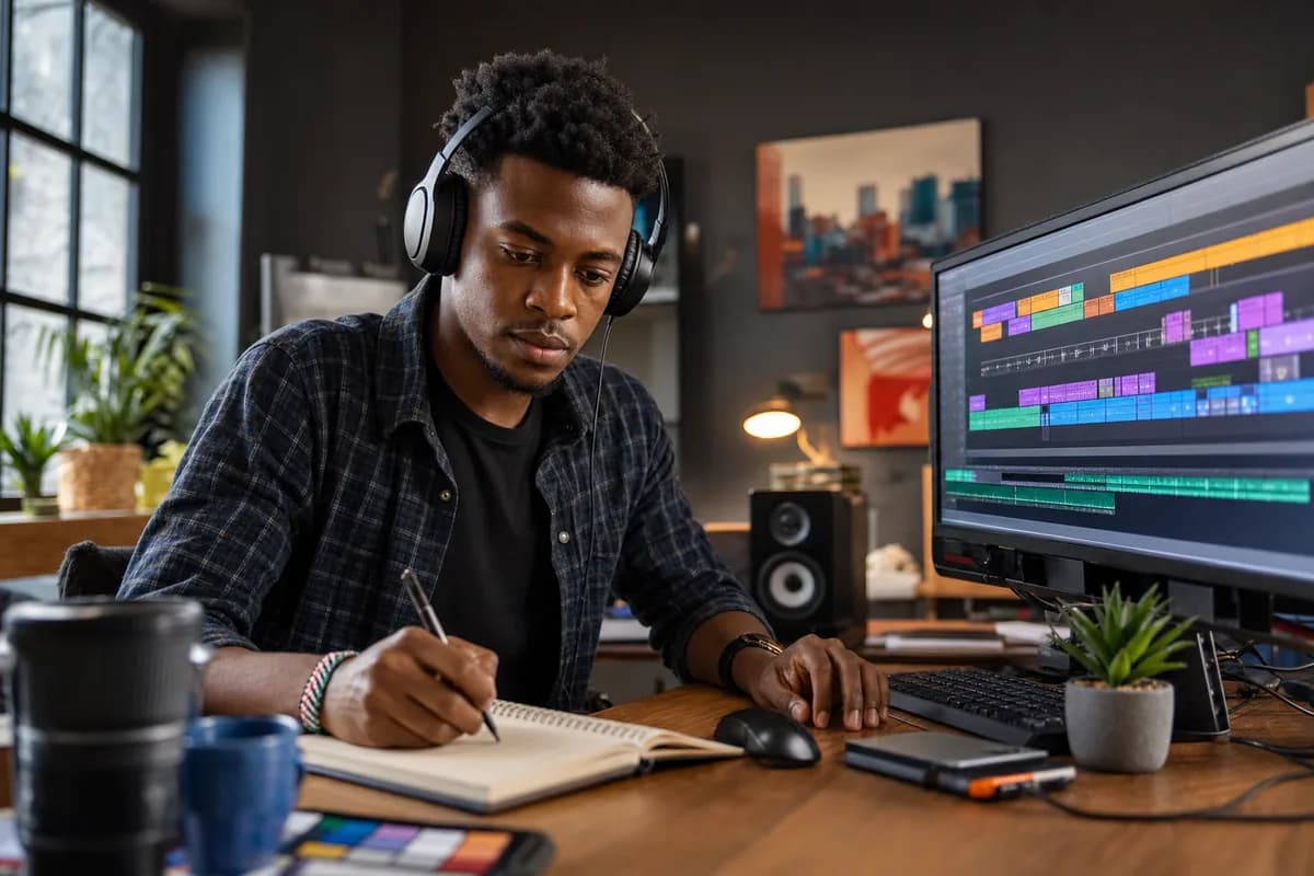 Kenyan short-form video editor reviewing a timeline and captions